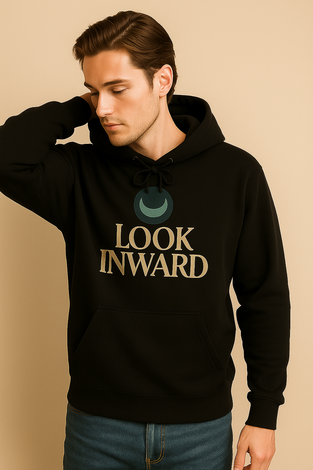 "LOOK INWARD" Crescent Emblem Hoodie – Embrace Your Inner World - Black