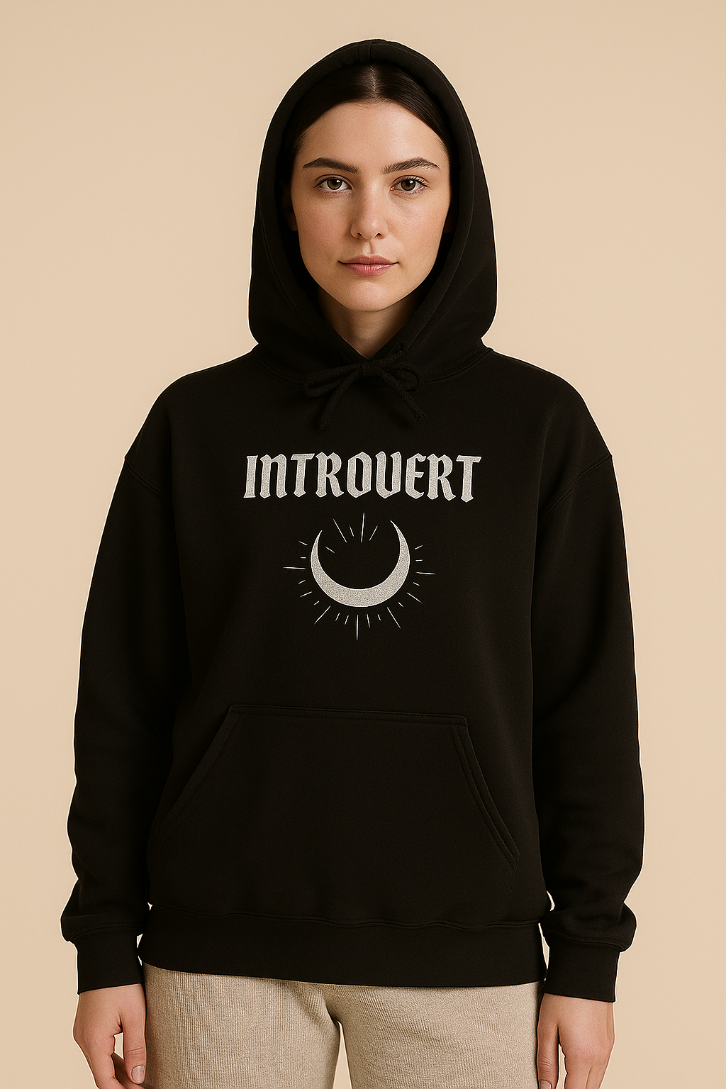 "Introvert" Crescent Moon Hoodie – Quiet Strength in Black