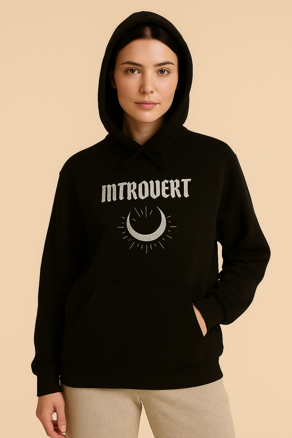 "Introvert" Crescent Moon Hoodie – Quiet Strength in Black