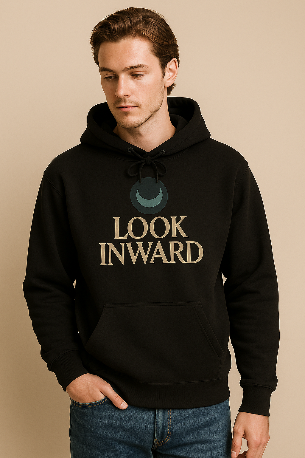 "LOOK INWARD" Crescent Emblem Hoodie – Embrace Your Inner World - Black