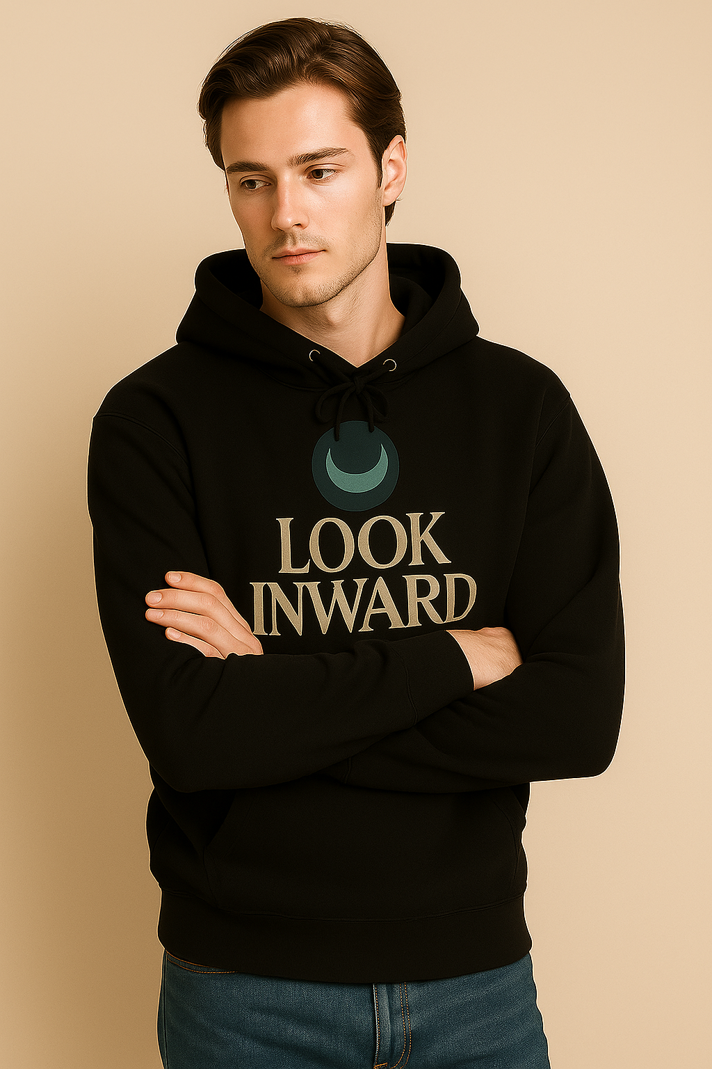 "LOOK INWARD" Crescent Emblem Hoodie – Embrace Your Inner World - Black