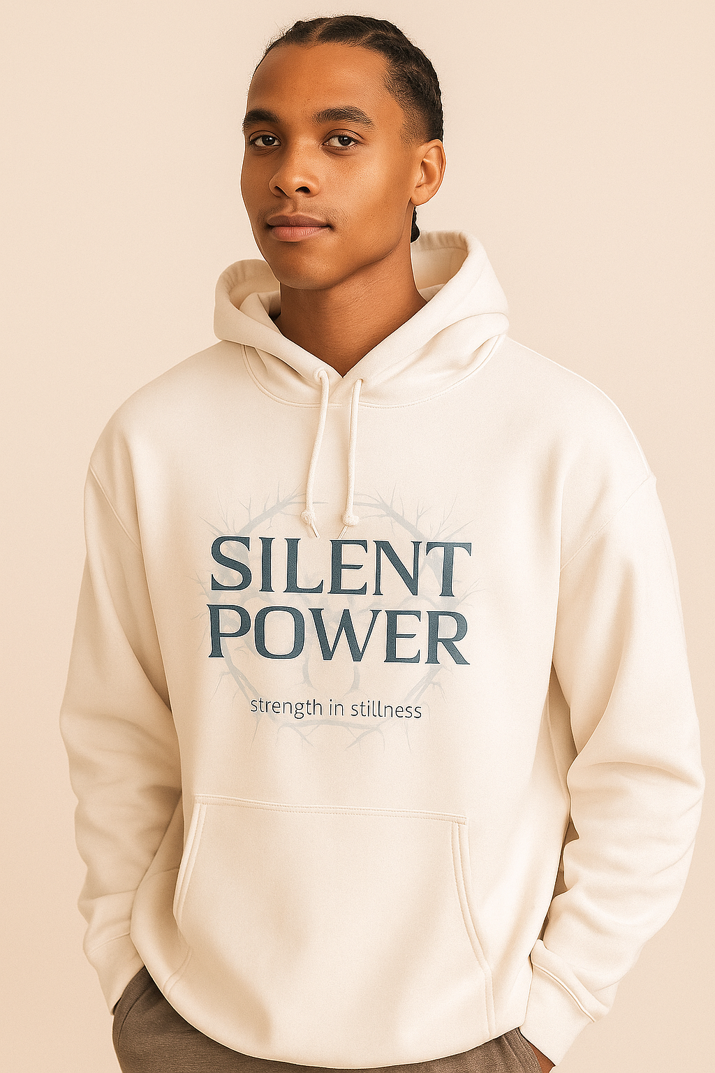 "SILENT POWER" Hoodie – Strength in Stillness, Calm in Chaos - White